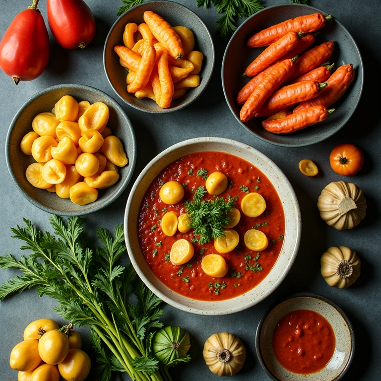 Mesa farta com diversos pratos de jiló em cozinha vibrante no estilo Farm Rio.