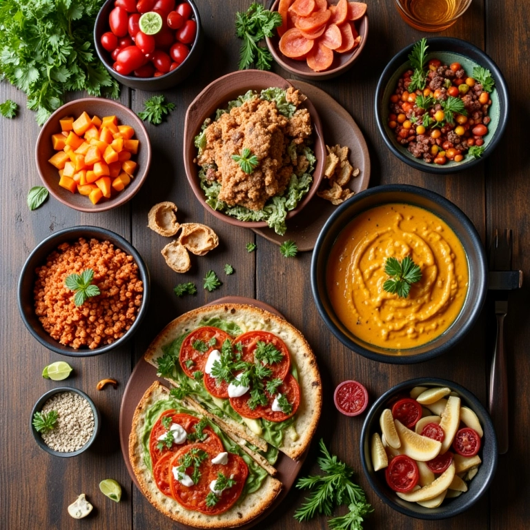 Mesa rústica com diversos pratos coloridos com maxixe, decoração brasileira vibrante.