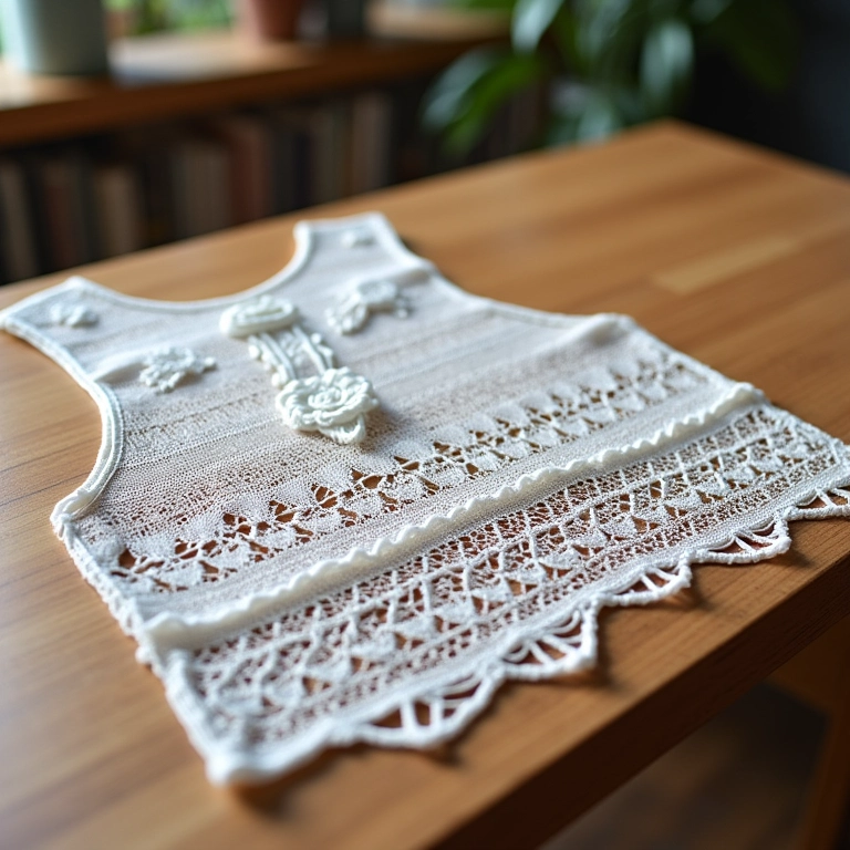 Molde de colete de renda sobre mesa de costura.