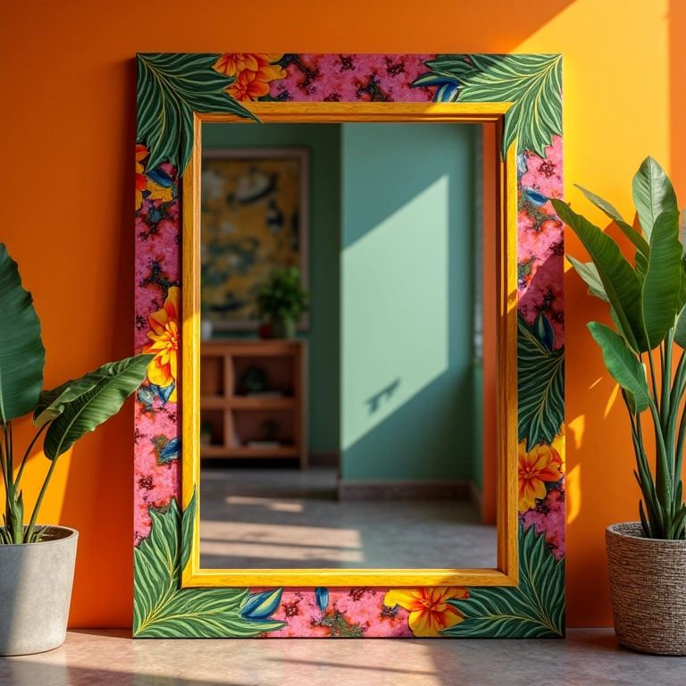 Moldura colorida de madeira para espelho em casa brasileira.