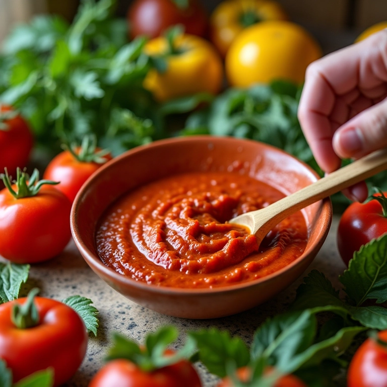 Molho base para Carne Louca sendo preparado em uma cozinha colorida.