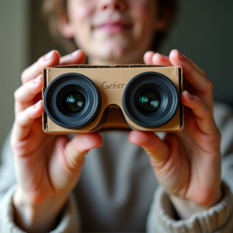 Montagem de Google Cardboard com lentes em close-up, destacando o processo DIY.