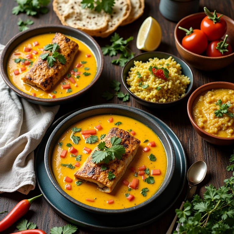 Moqueca de peixe e banana da terra em uma mesa colorida.