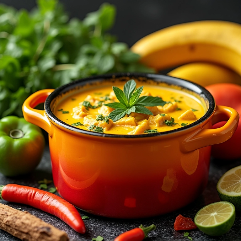 Moqueca vegana de banana da terra com legumes coloridos.