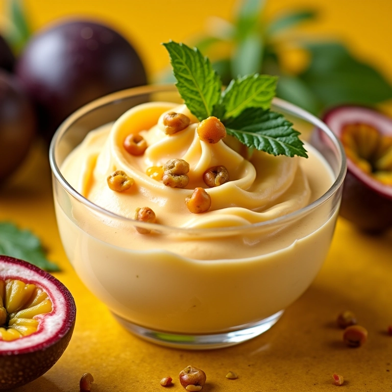 Mousse de maracujá cremoso decorado com sementes e hortelã.