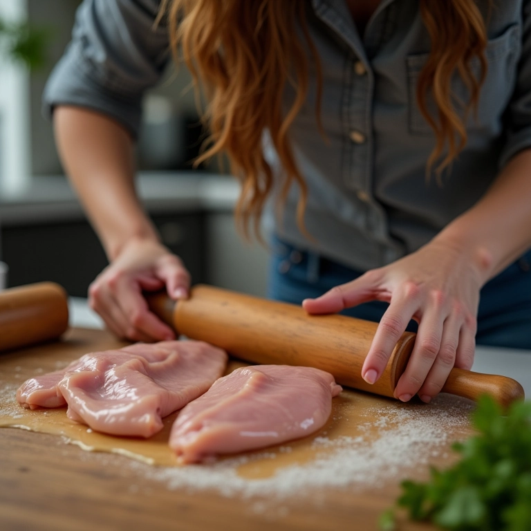 Mulher achatando peitos de frango com um rolo em cozinha brasileira.