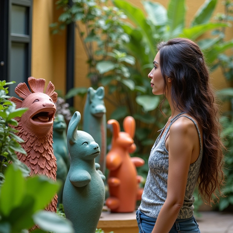 Mulher admirando esculturas de cimento em seu jardim.