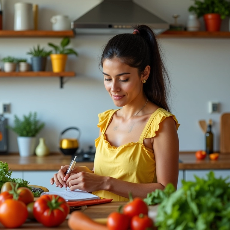 Mulher agenda dias de preparo de refeições em calendário na cozinha.