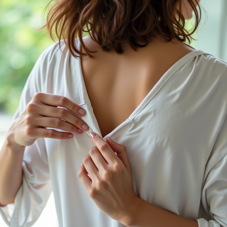 Mulher ajustando alça de tecido confortável em blusa.