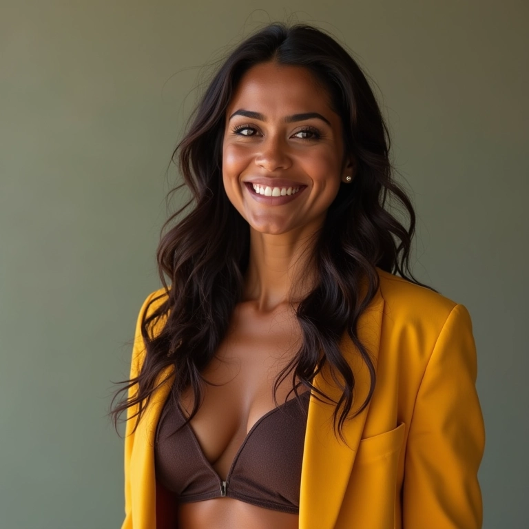 Mulher brasileira confiante e elegante, irradiando autoestima e independência.