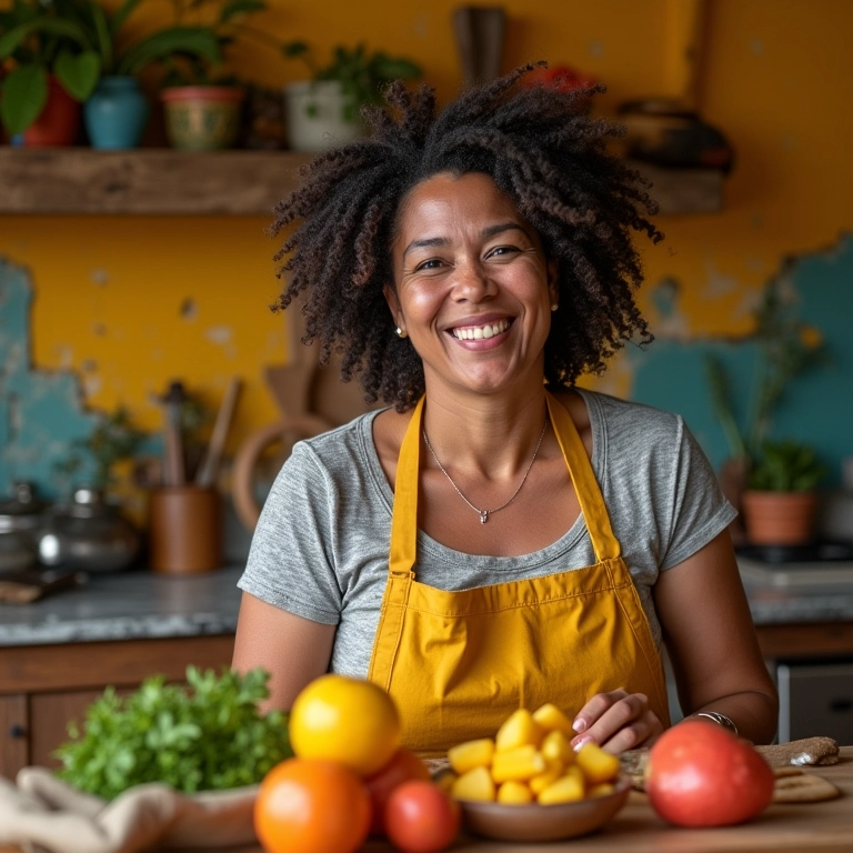 Mulher brasileira preparando pratos doces e salgados com cará na cozinha.