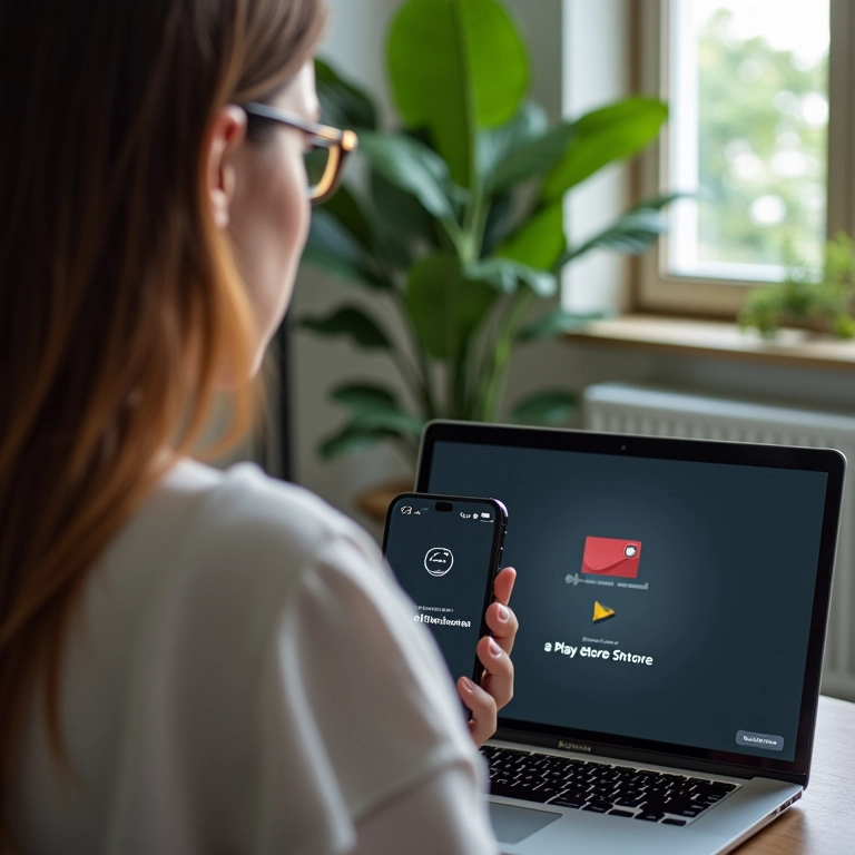 Mulher buscando ajuda especializada para resolver problema na Play Store.