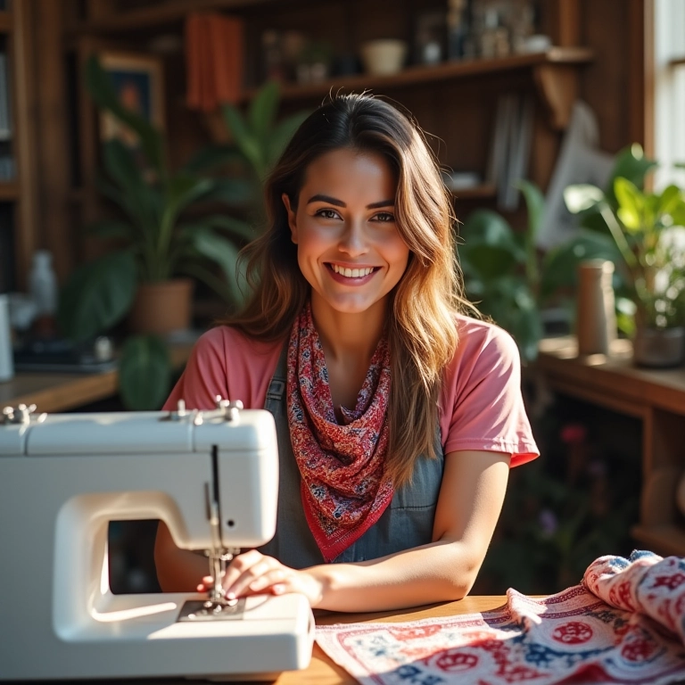 Mulher costurando bandana em máquina de costura em ateliê iluminado.