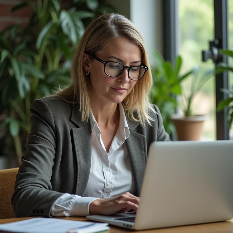 Mulher de negócios analisando função 'De Para' no Excel em escritório aconchegante.