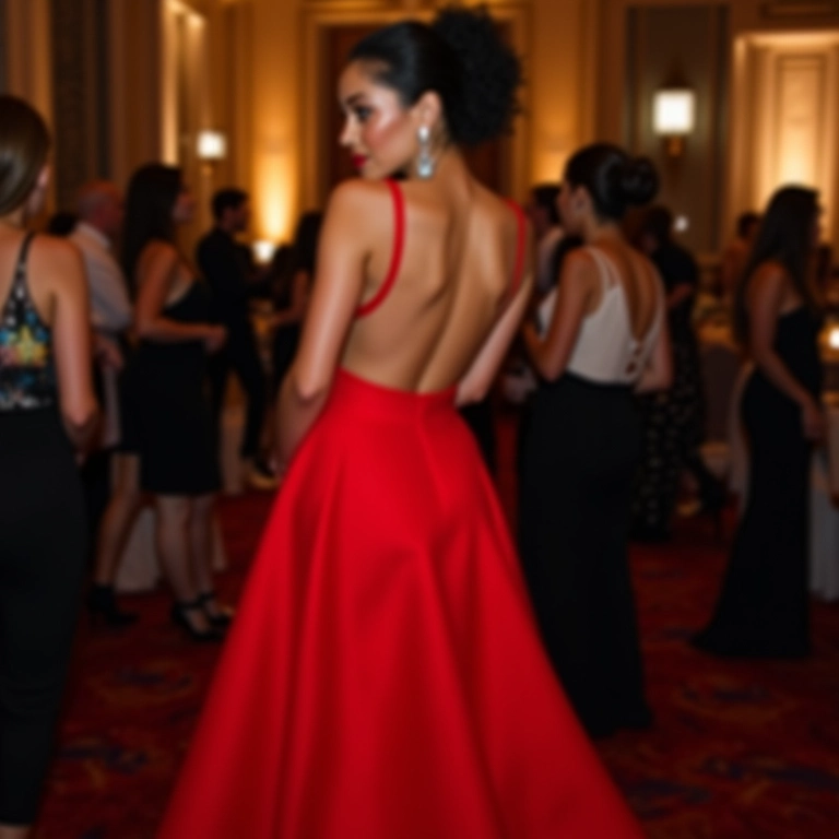 Mulher elegante em festa com saia trompete vermelha.