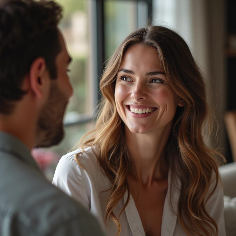 Mulher elogiando um homem com um sorriso sincero, expressando admiração.