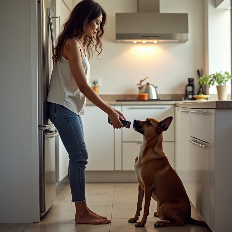 Mulher estabelecendo uma rotina consistente para o cachorro fazer necessidades, com horários definidos.