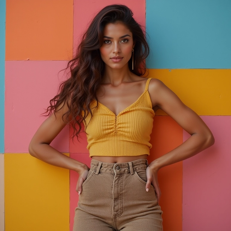 Mulher estilosa posando com confiança, exibindo sua beleza e senso de moda.