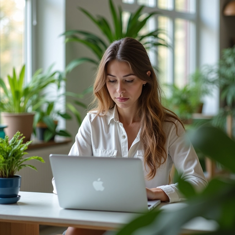 Mulher independente trabalhando em seu laptop, mostrando ambição e sucesso.