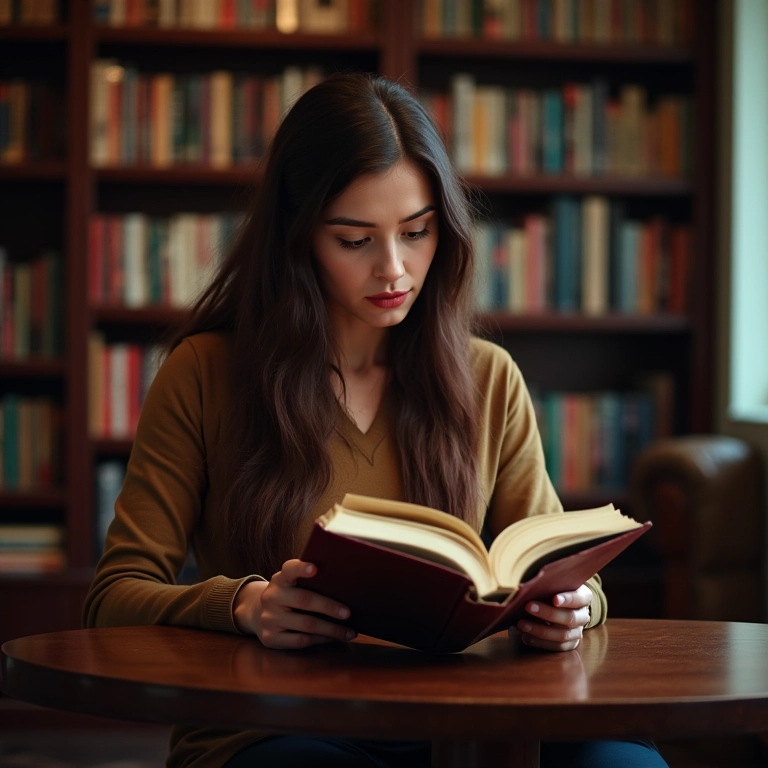 Mulher inteligente e misteriosa lendo um livro em uma biblioteca aconchegante.