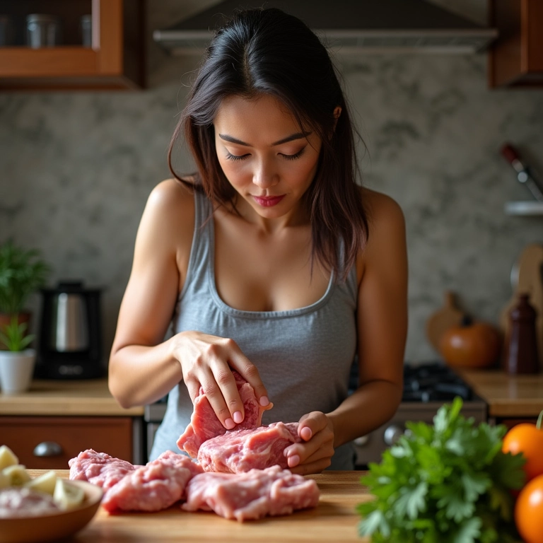 Mulher moendo carne de frango em casa.
