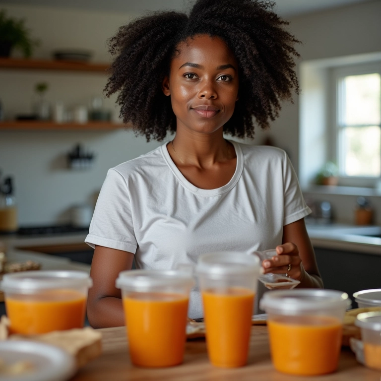 Mulher negra congelando porções individuais de sopa em potes reutilizáveis em cozinha organizada.