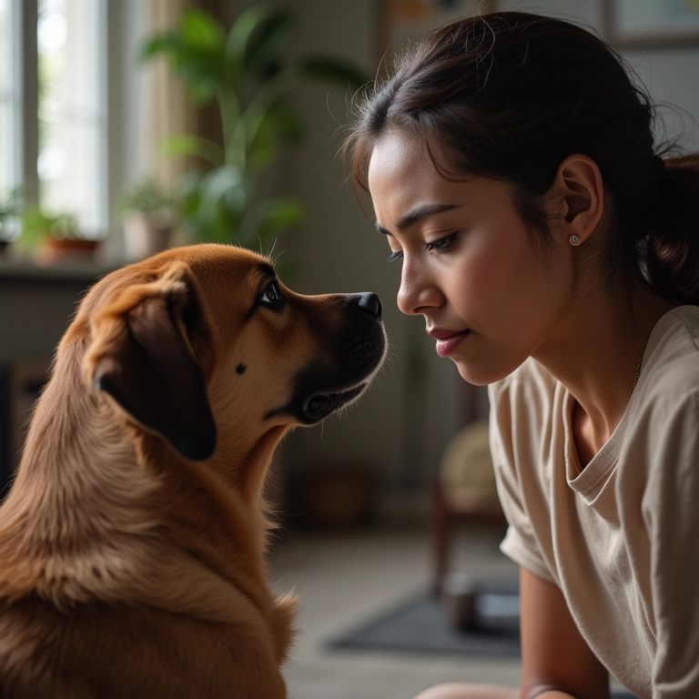Mulher observando o comportamento do seu cão para entender suas necessidades.