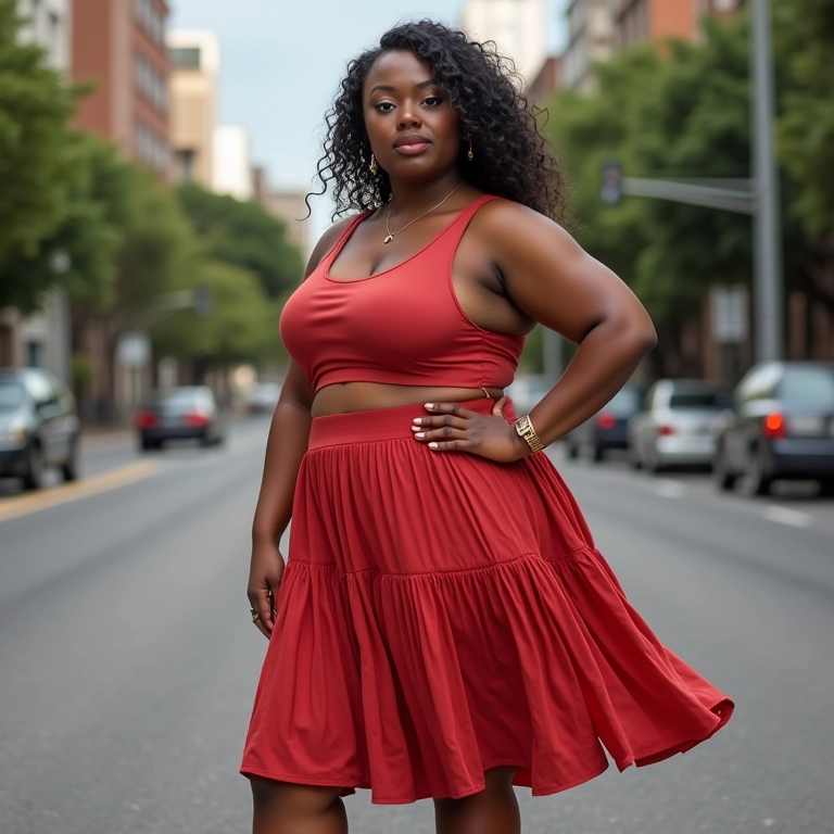 Mulher plus size confiante com saia trompete em cenário urbano.