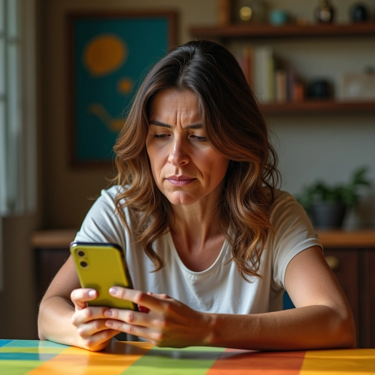 Mulher preocupada olhando para a tela da Play Store travada.