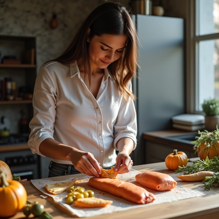 Mulher preparando bem casados para congelar, freezer ao fundo.