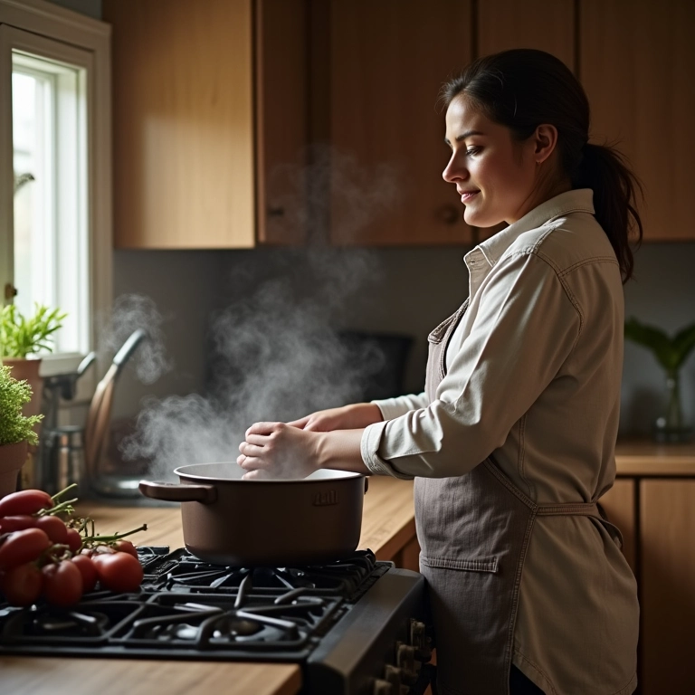 Mulher preparando caldo de ossos em cozinha aconchegante.