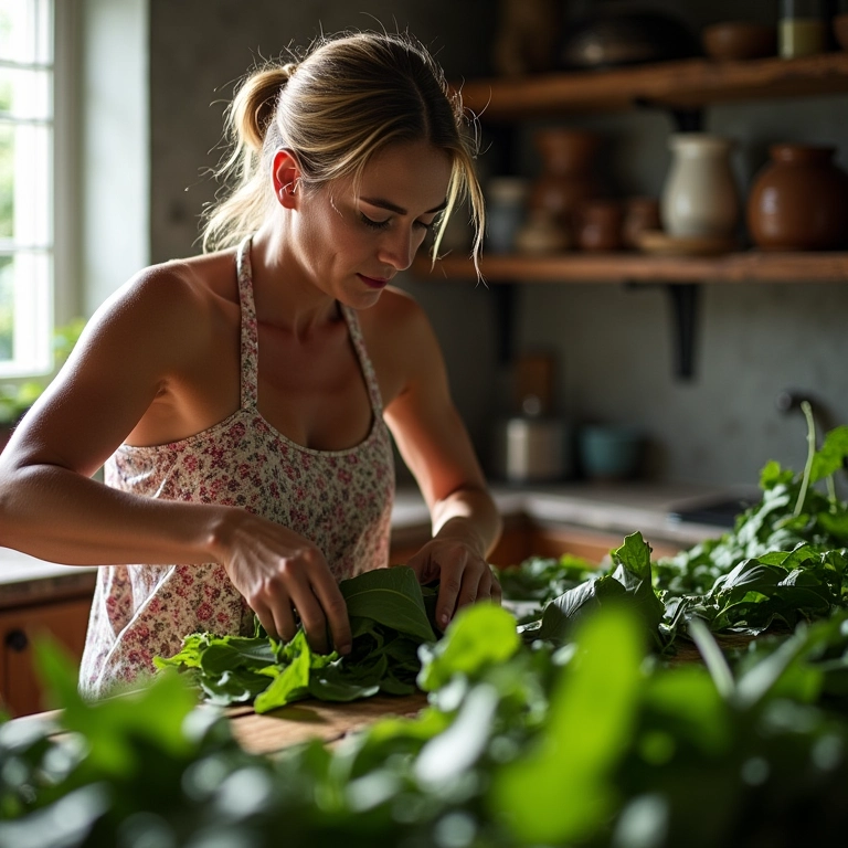 Mulher preparando folhas de taioba em uma cozinha ensolarada.