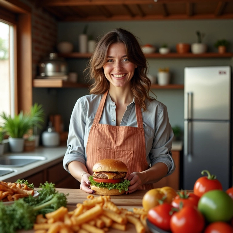 Mulher preparando hambúrguer de frango com alegria.
