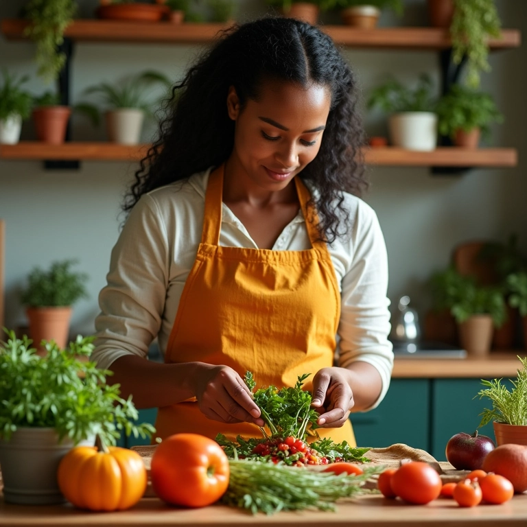 Mulher preparando refeição sustentável com talos e folhas em cozinha vibrante.