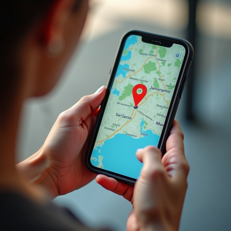 Mulher rastreando iPhone em um mapa digital.