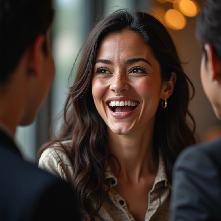 Mulher rindo durante uma conversa, demonstrando inteligência e senso de humor.