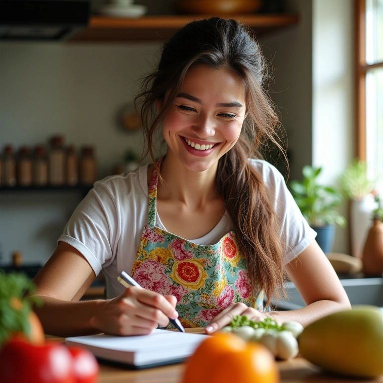 Mulher sorrindo anota objetivos de planejamento alimentar em cozinha ensolarada.