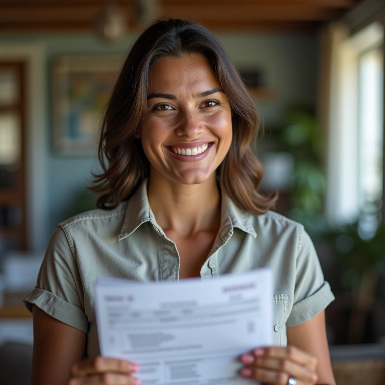 Mulher sorrindo ao analisar documentos do IRPF MEI.