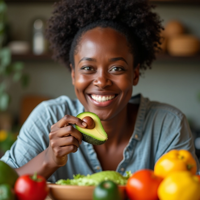 Mulher sorrindo com abacate em uma dieta equilibrada.