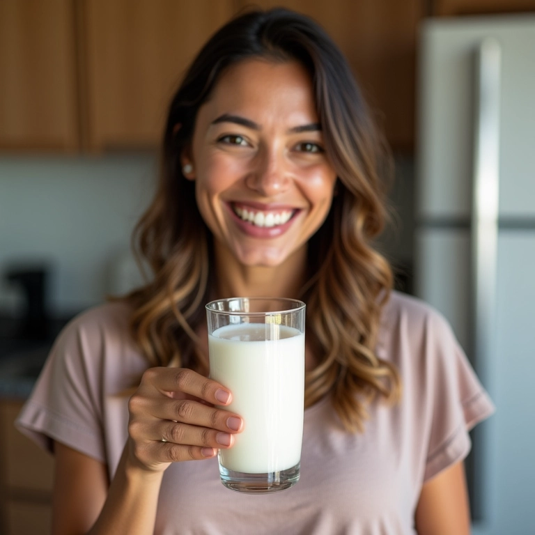 Mulher sorrindo com copo de Nescau com leite em pó.
