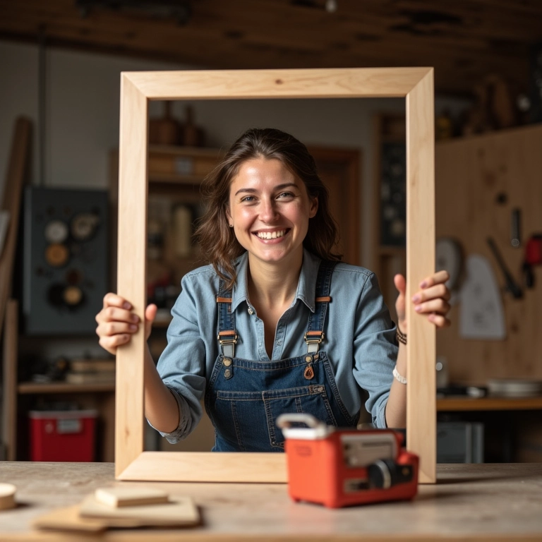 Mulher sorrindo com moldura de madeira DIY em oficina iluminada.