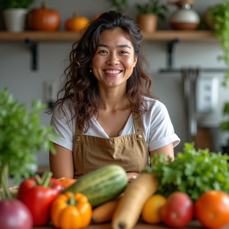 Mulher sorrindo em cozinha ensolarada, cercada de alimentos frescos e embalagens reutilizáveis, representando o conceito de vida sem desperdício.