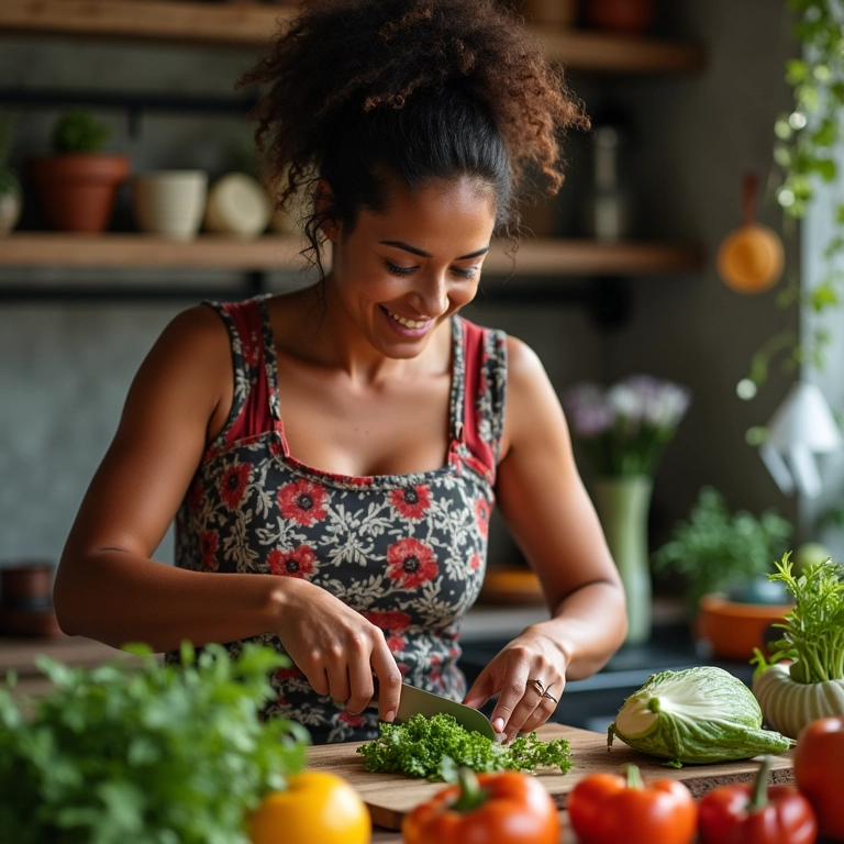 Mulher sorrindo enquanto cozinha em cozinha brasileira vibrante.
