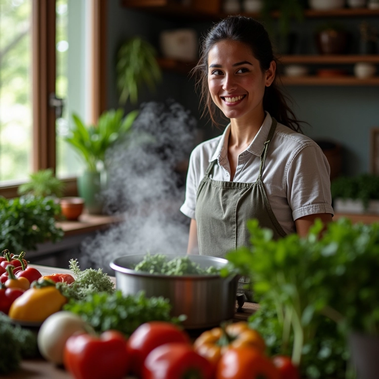 Mulher sorrindo enquanto prepara legumes no vapor em uma cozinha estilo Farm Rio.