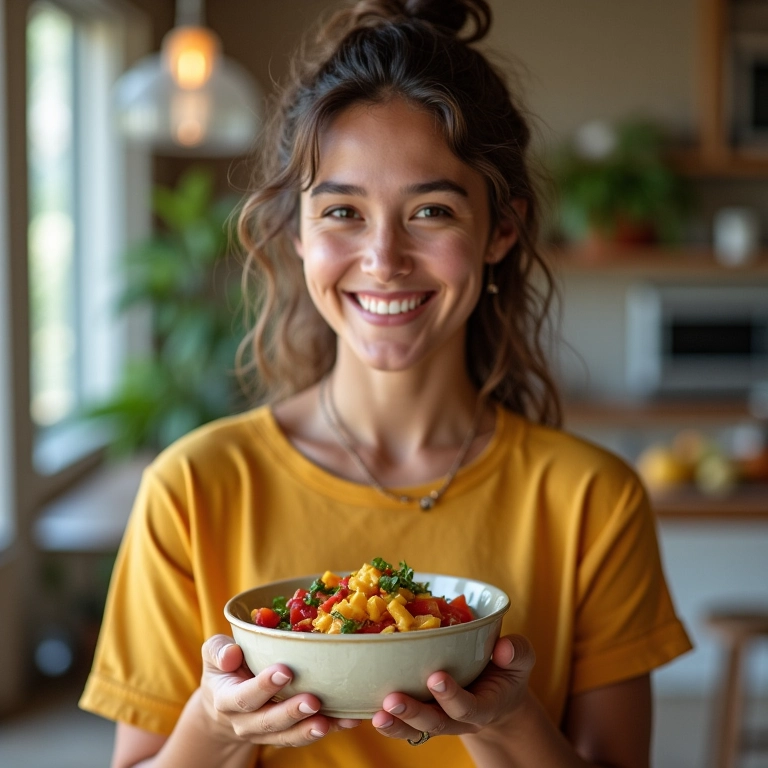 Mulher sorrindo enquanto saboreia um bowl saudável.