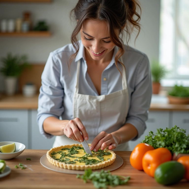 Mulher sorrindo preparando quiche sem massa, focada em alimentação saudável.