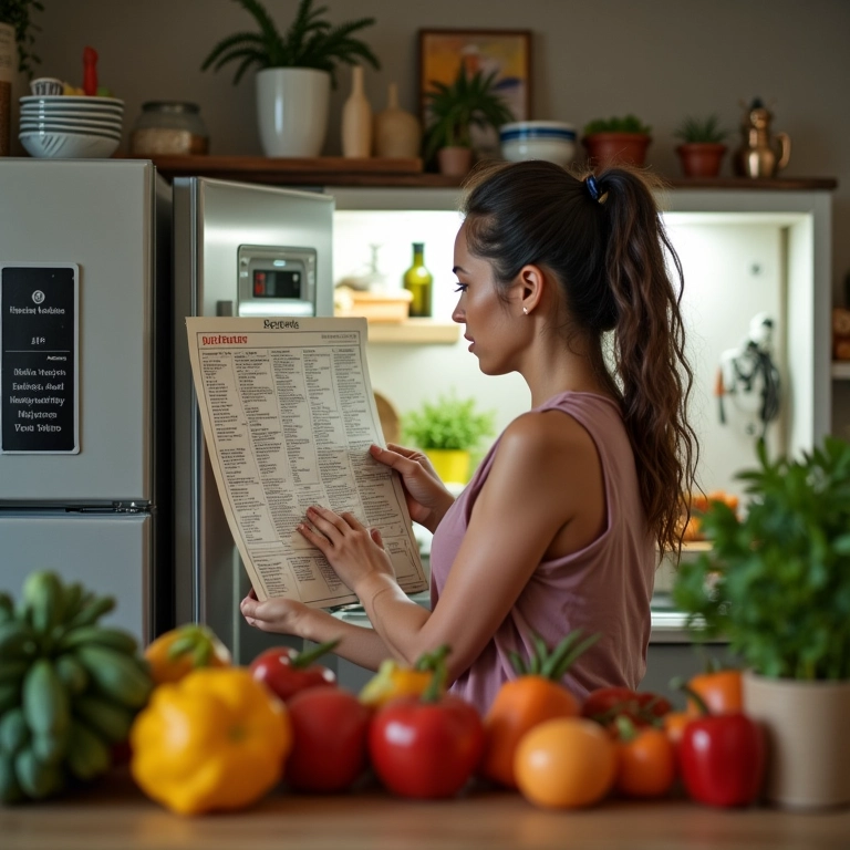 Mulher verifica cardápio e inventário na cozinha brasileira colorida.