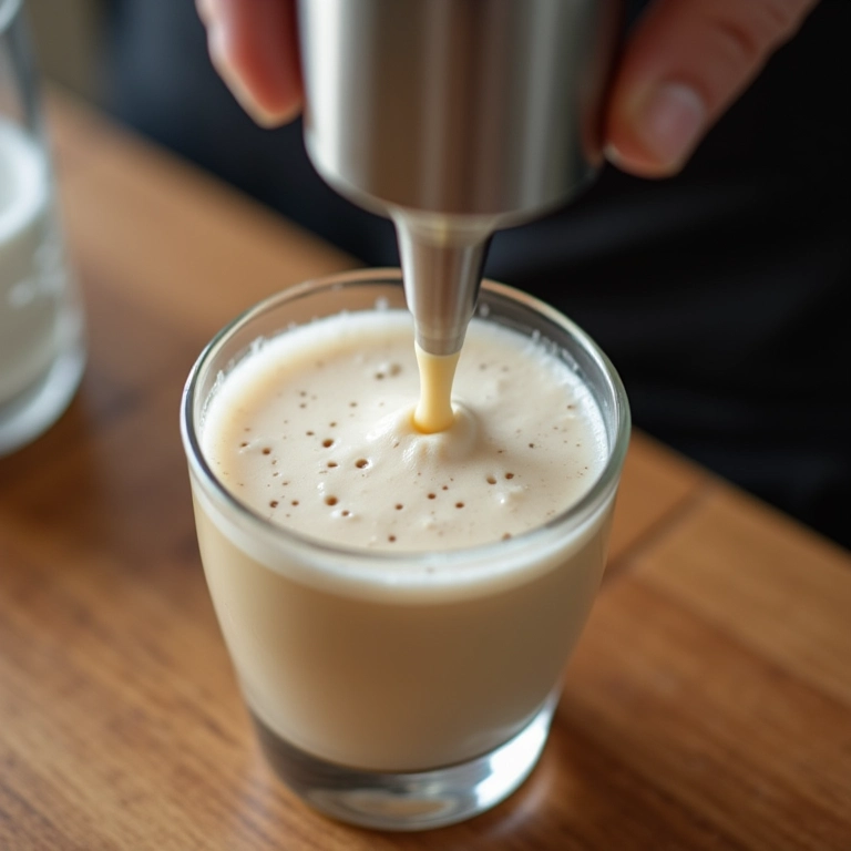 Nescau cremoso com leite em pó sendo preparado.