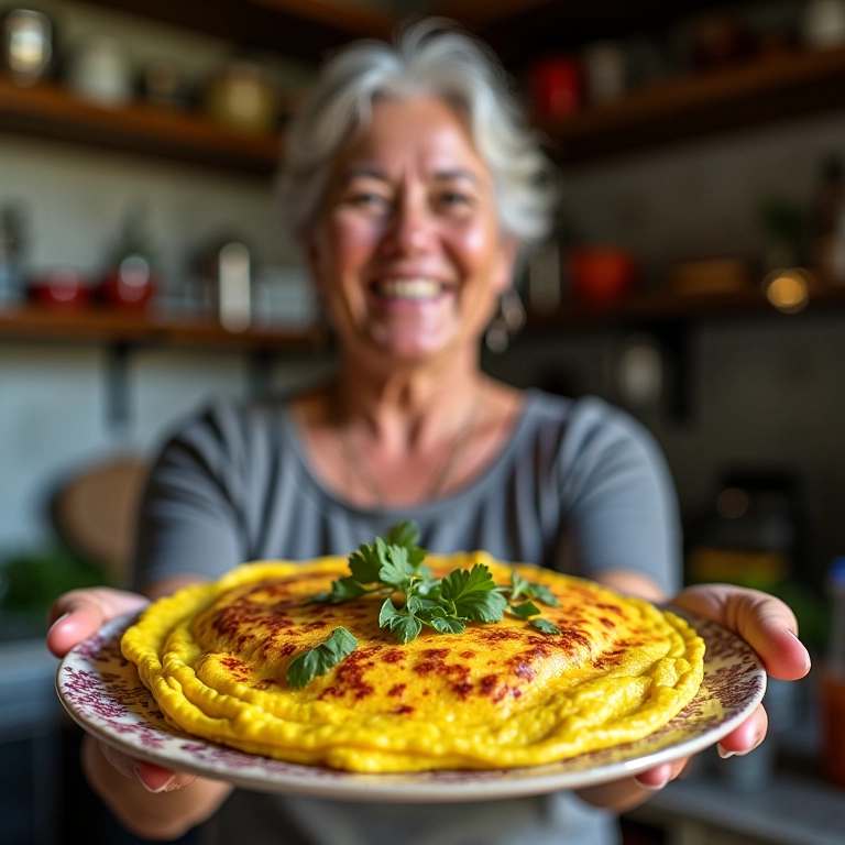 Omelete turbinado com ora-pro-nóbis servido no café da manhã.