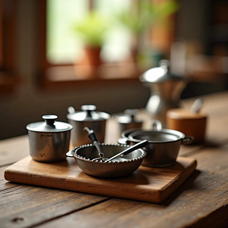 Panelinhas de brinquedo artesanais em madeira rústica sob luz natural.